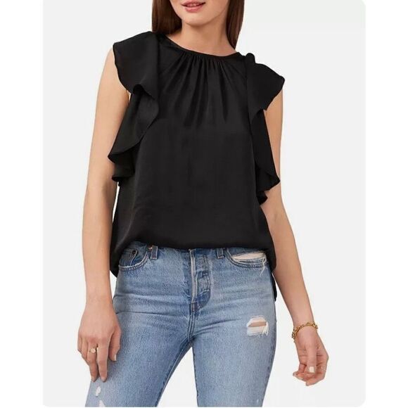 VINCE CAMUTO - L Sz M “Fresh Look” Ruffle Edge Rumple Blouse in Rich Black. NWT! - Picture 2 of 10